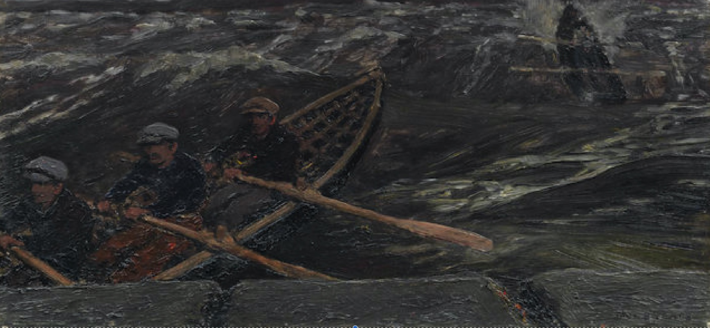 On Common Ground Cropped - painting of men at sea in a boat